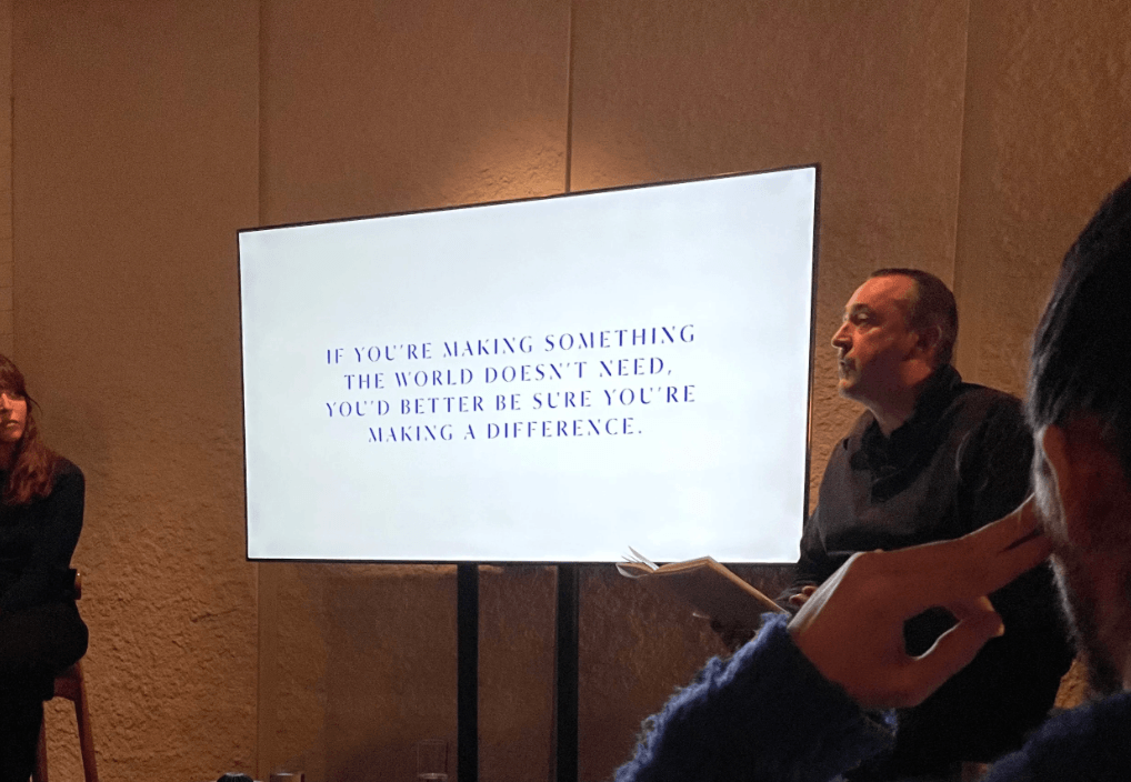 Bob Shankly of MTTR on stage with the quote: If you are making something the world doesn't need, you'd better be sure you're making a difference