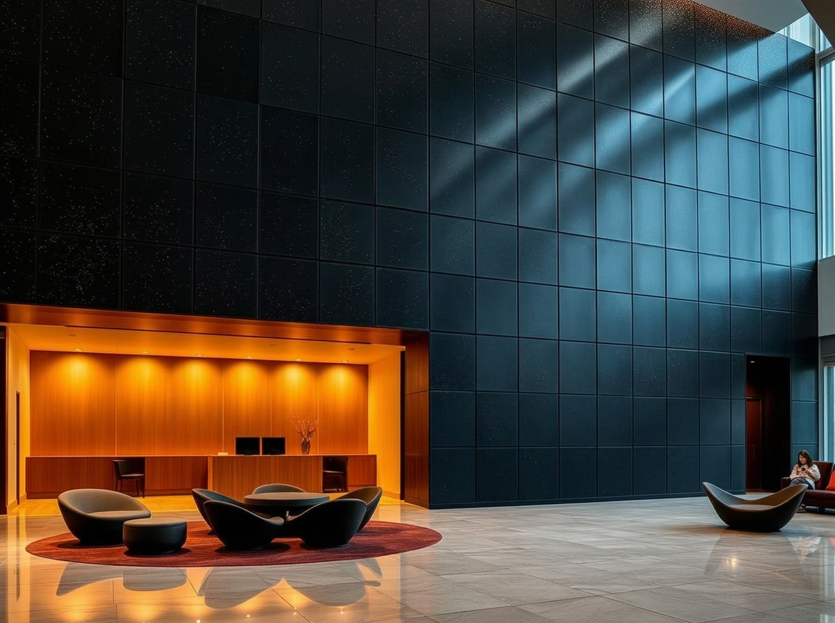 Quiet architectural interior finished in circular material surfaces